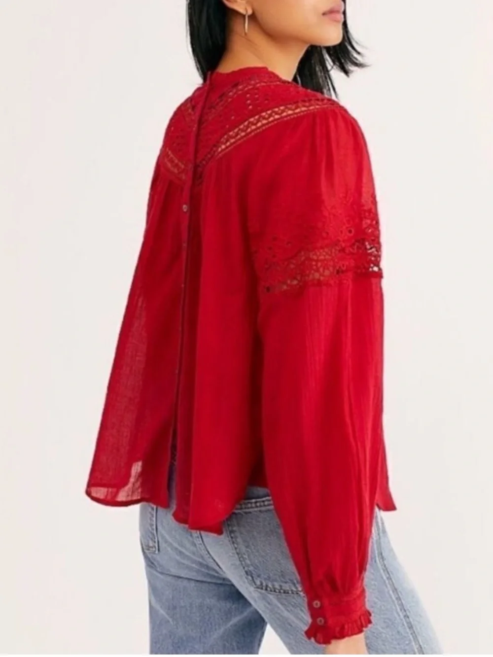 Free People Abigail Victorian Lace-Inset Red Feminine Blouse - Women Tops